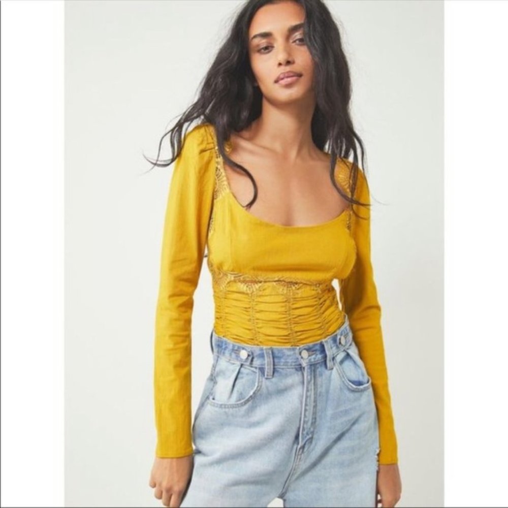 Free People Yellow On Point Lace Top